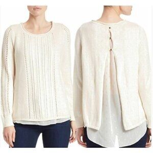 Lucky Brand Layered Split Back Sweater Ivory Gold Metallic SIze Medium Womens